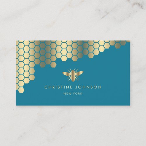 faux gold foil bee on mosaic blue business card