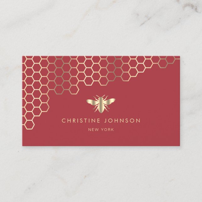 faux gold foil bee on red business card (Front)