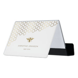faux gold foil bee on white desk business card holder