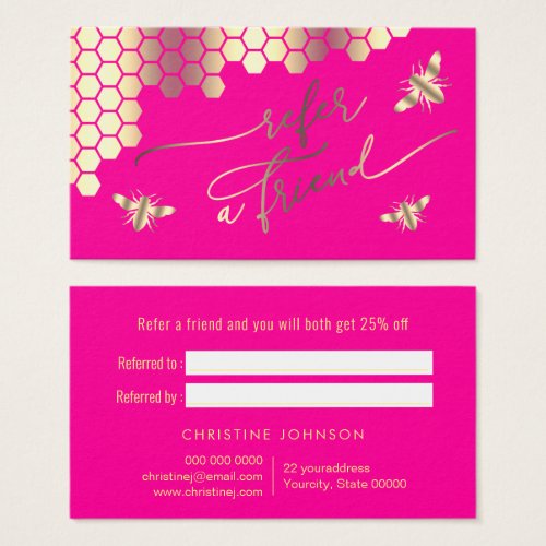 faux gold foil bees on neon pink referral card