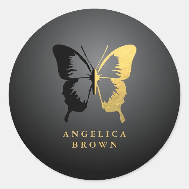 Faux Gold Foil & Black Butterfly Classic Round Sticker (Front)