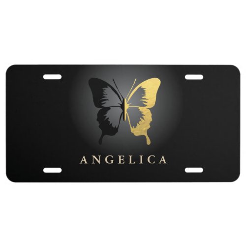 Faux Gold Foil  Black Butterfly  License Plate