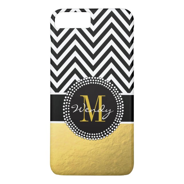 Faux Gold Foil Black Chevron Monogrammed Case-Mate iPhone Case (Back)