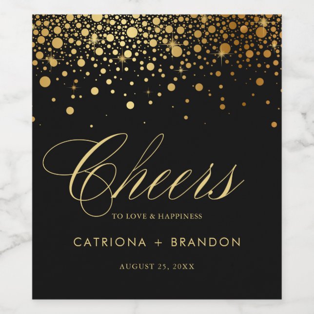 Faux Gold Foil & Black Confetti Dots Wedding Wine Label (Single Label)