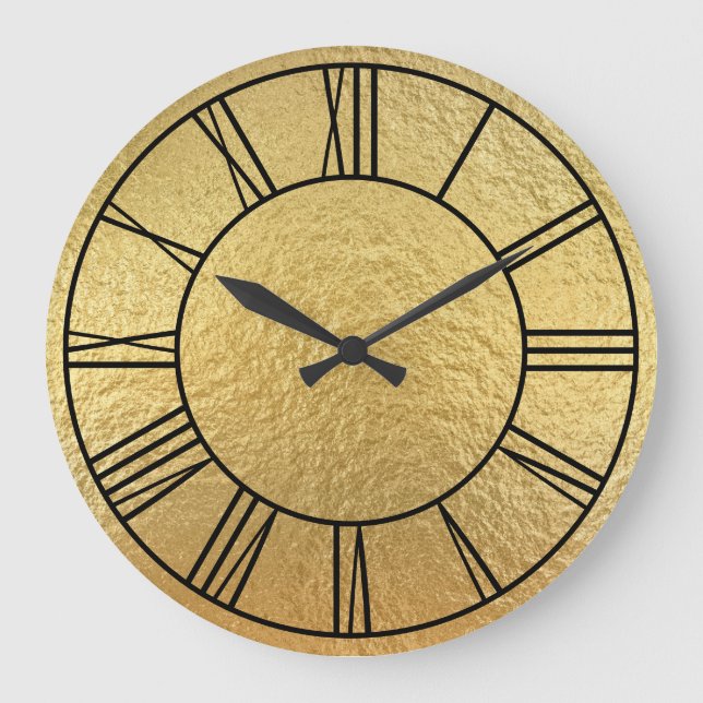 Faux Gold Foil Black Roman Numerals Large Clock (Front)