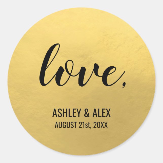 Faux GOLD FOIL Black Script Calligraphy LOVE Classic Round Sticker (Front)
