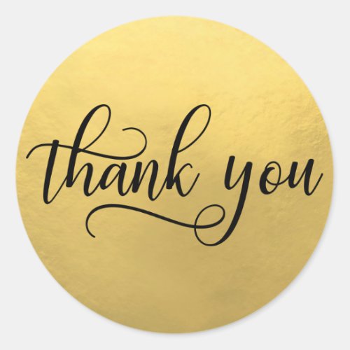 Faux GOLD FOIL Black Script Calligraphy Thank You Classic Round Sticker