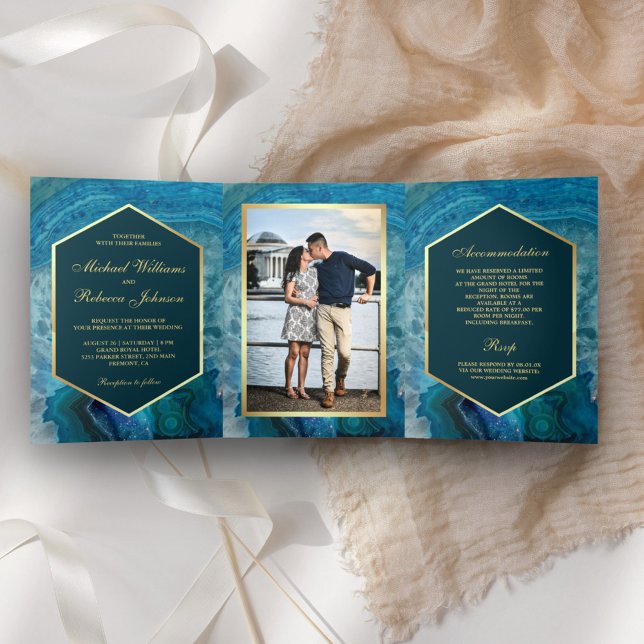 Faux Gold Foil Blue Agate Wedding Photo Tri-Fold Invitation (Creator Uploaded)