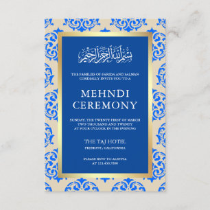 Faux Gold Foil Blue Damask Islamic Mehndi Ceremony Enclosure Card