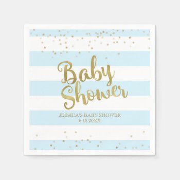 Faux Gold Foil  Blue Stripes Baby Shower Boy Napkins by weddingsnwhimsy at Zazzle