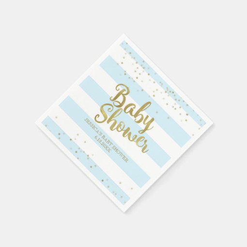 Faux Gold Foil, Blue Stripes Baby Shower Boy Napkins Zazzle