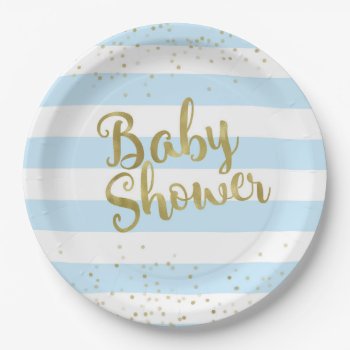 Faux Gold Foil  Blue Stripes Baby Shower Boy Plate by weddingsnwhimsy at Zazzle