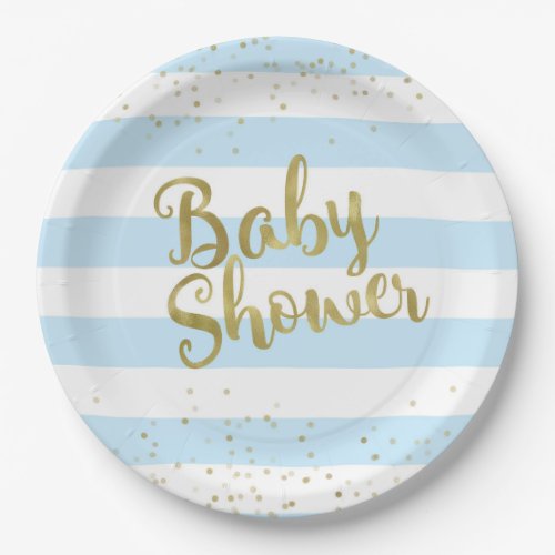 Faux Gold Foil Blue Stripes Baby Shower Boy Plate