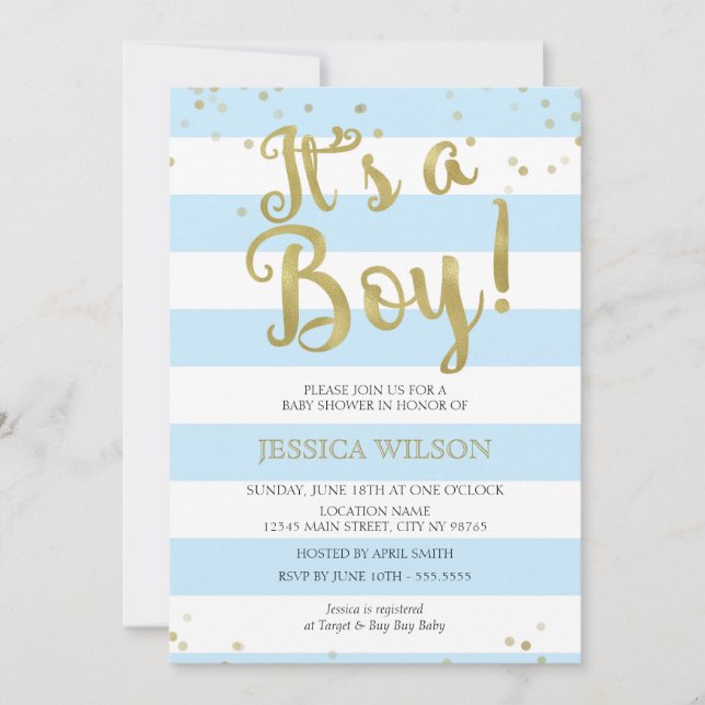 Faux Gold Foil, Blue Stripes Baby Shower Its a Boy Invitation (Front)