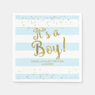 Faux Gold Foil, Blue Stripes Baby Shower Its a Boy Napkins