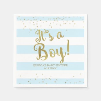 Faux Gold Foil  Blue Stripes Baby Shower Its A Boy Napkins by weddingsnwhimsy at Zazzle