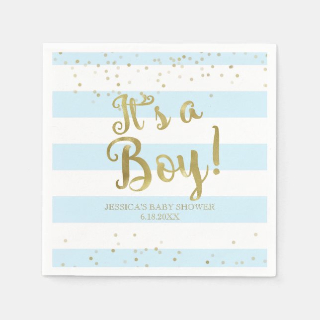 Faux Gold Foil, Blue Stripes Baby Shower Its a Boy Napkins (Front)