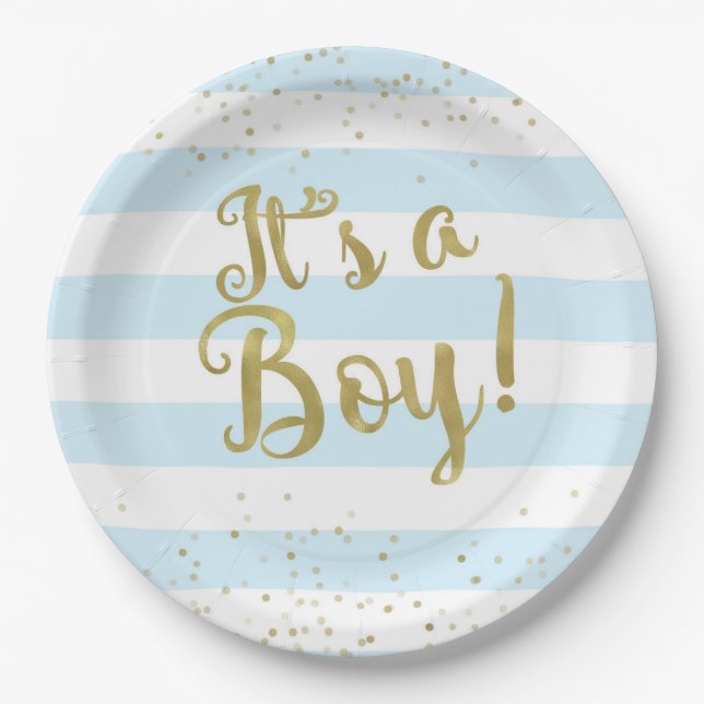 Faux Gold Foil Blue Stripes Baby Shower Its a Boy Paper Plates (Front)