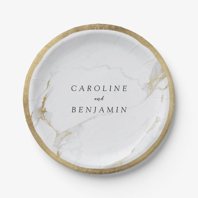 Faux gold foil border marble luxury modern wedding paper plates (Front)