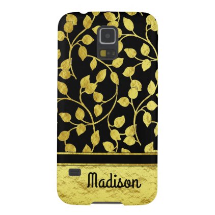 Faux Gold Foil Botanical Leaves, Vines, on Black Case For Galaxy S5