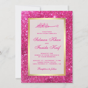 Faux Gold Foil Bright Pink Glitter Islamic Wedding Invitation