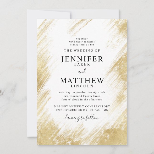 Faux Gold Foil Brush Stroke Wedding Invitation (Front)