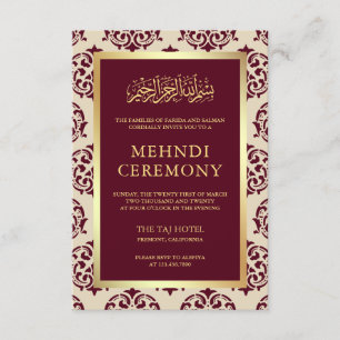 Faux Gold Foil Burgundy Damask Islamic Mehndi Enclosure Card