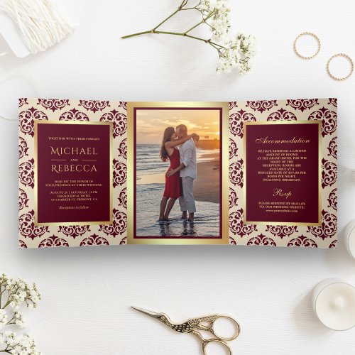 Faux Gold Foil Burgundy Damask Wedding Photo Tri_Fold Invitation