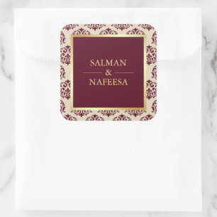 Faux Gold Foil Burgundy Damask Wedding Square Sticker
