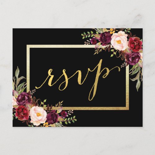 Faux Gold Foil Burgundy Floral Black Wedding RSVP Postcard