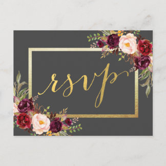 Faux Gold Foil Burgundy Floral Grey Wedding RSVP Postcard