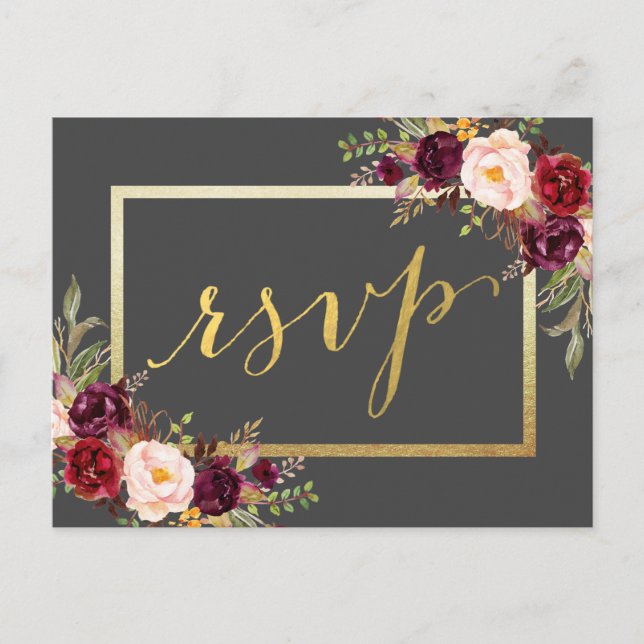 Faux Gold Foil Burgundy Floral Grey Wedding RSVP Postcard (Front)