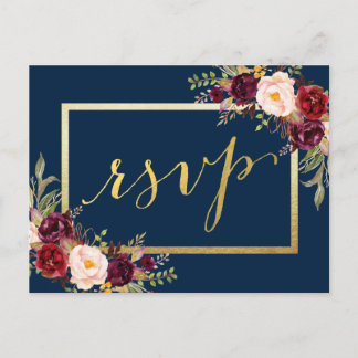 Faux Gold Foil Burgundy Floral Navy Wedding RSVP Postcard