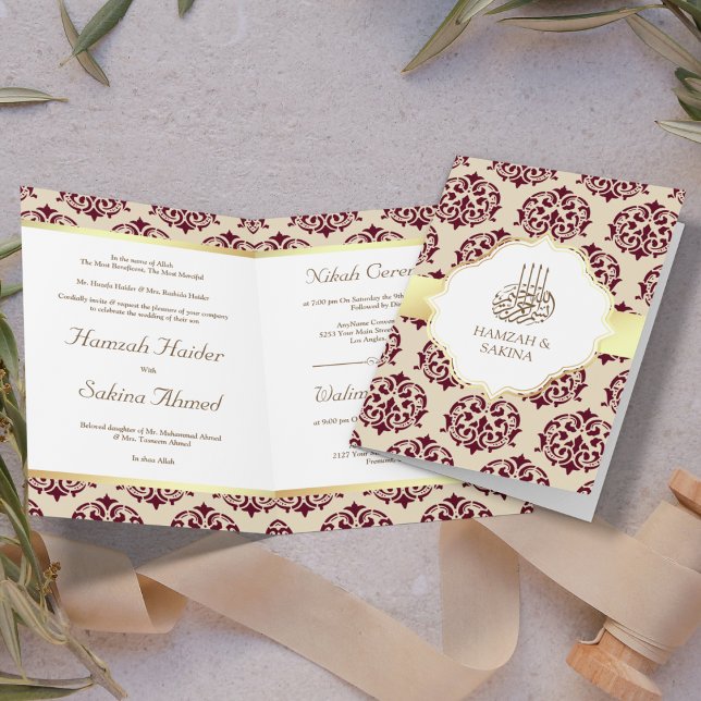 Faux Gold Foil Burgundy Red Damask Muslim Wedding Invitation (Creator Uploaded)