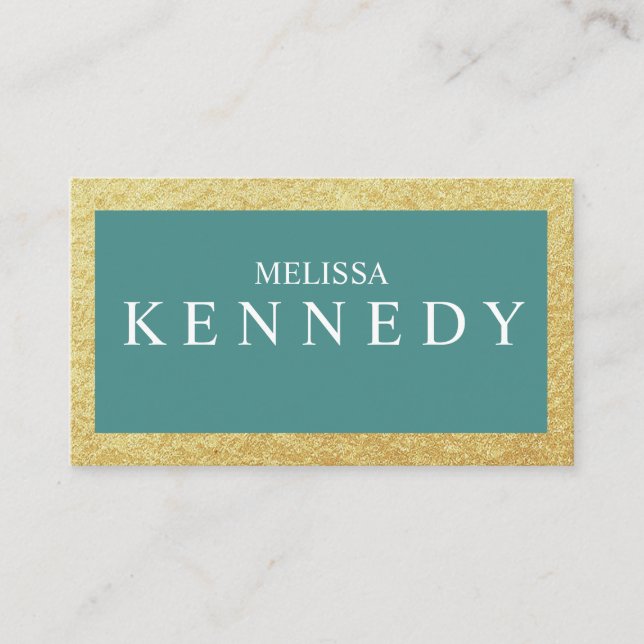 Faux Gold Foil Business Cards Teal White Font (Front)