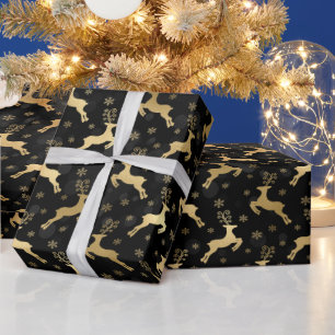 Faux Gold Foil Christmas Reindeer & Black bokeh Wrapping Paper
