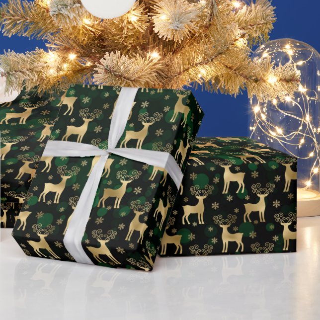Faux Gold Foil Christmas Reindeer & green bokeh Wrapping Paper (Holidays)