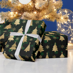 Faux Gold Foil Christmas Trees & green bokeh Wrapping Paper