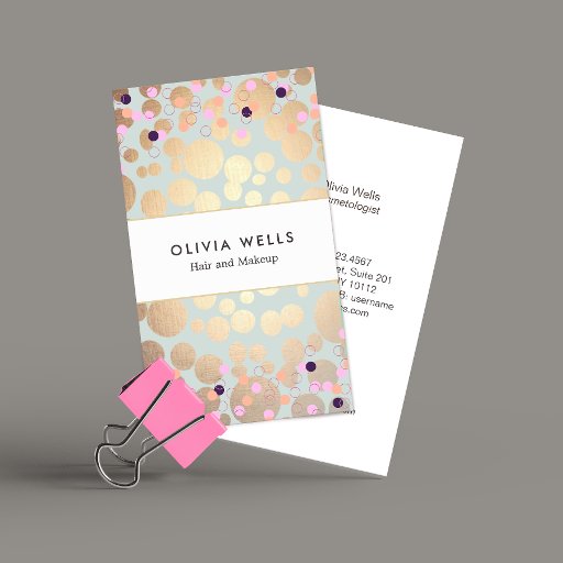 Customizable Gold Circles and Confetti Pattern Beauty Salon Business Card Templates