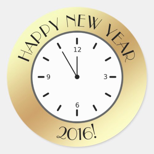 Faux Gold Foil Clock Midnight Happy New Year Classic Round Sticker