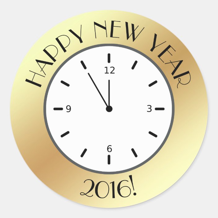 Faux Gold Foil Clock Midnight Happy New Year Classic Round Sticker ...