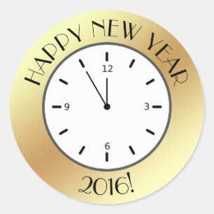 Faux Gold Foil Clock Midnight Happy New Year Classic Round Sticker