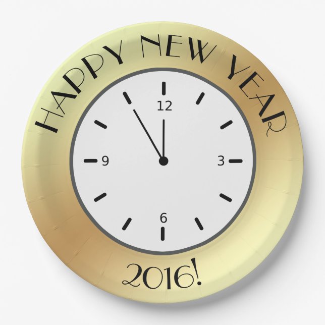 Faux Gold Foil Clock Midnight Happy New Year Paper Plates (Front)