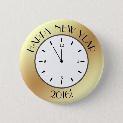 Faux Gold Foil Clock Midnight Happy New Year Pinback Button