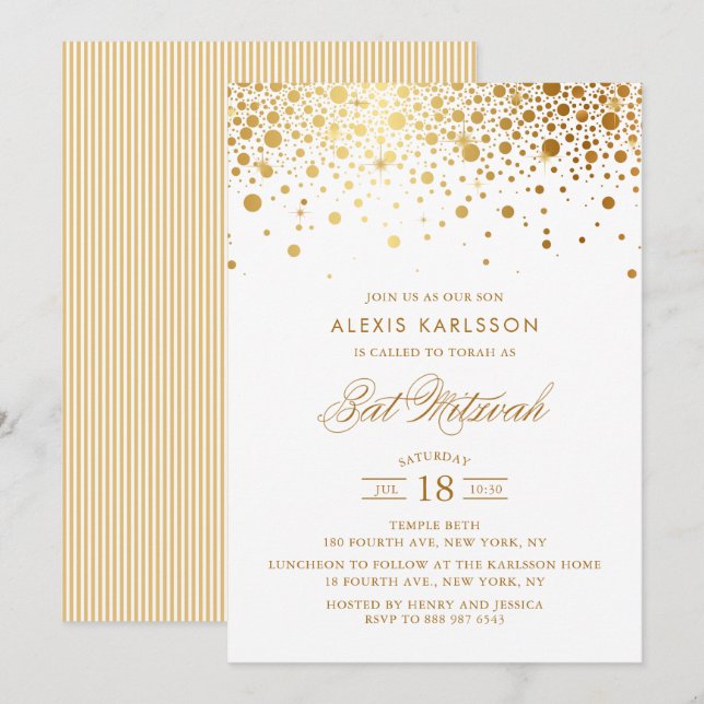 Faux Gold Foil Confetti Bat Mitzvah Invitation (Front/Back)