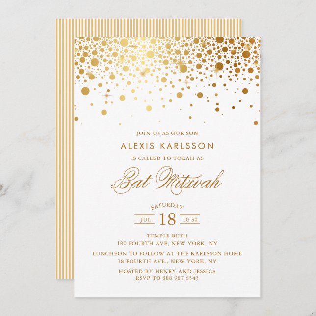 Faux Gold Foil Confetti Bat Mitzvah Invitation (Front/Back)
