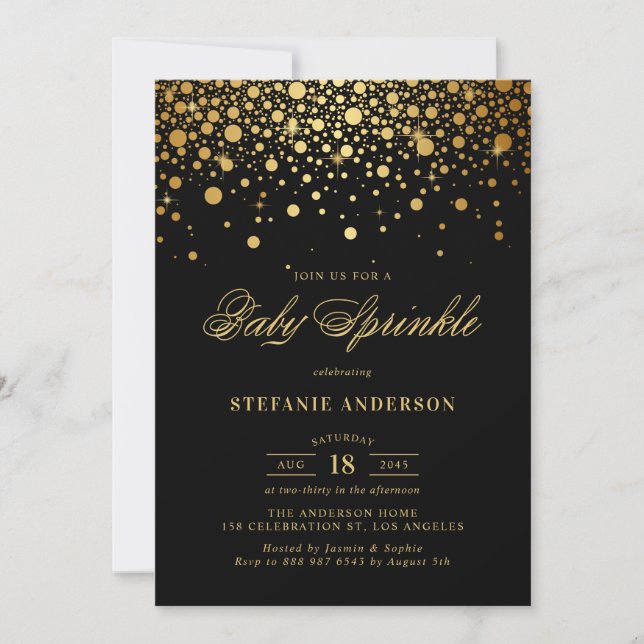 Faux Gold Foil Confetti Black Baby Sprinkle Invitation (Front)