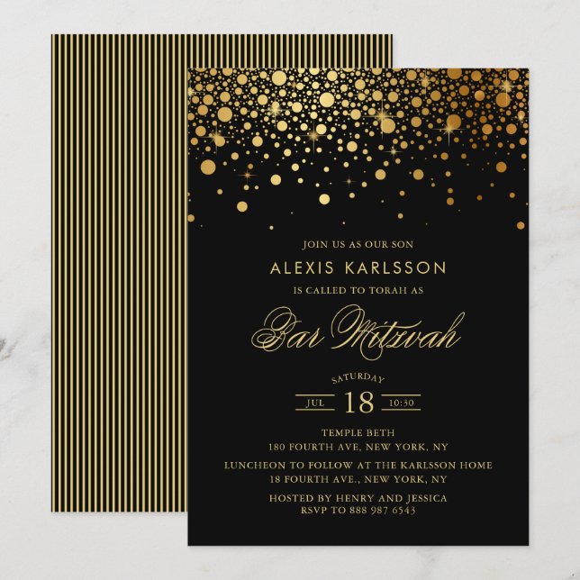 Faux Gold Foil Confetti Black Bar Mitzvah Invitation (Front/Back)