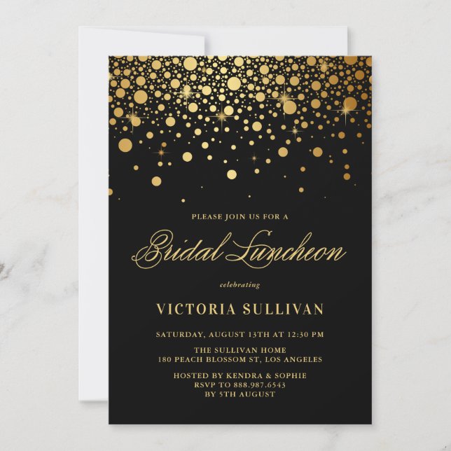 Faux Gold Foil Confetti Black Bridal Luncheon Invitation (Front)