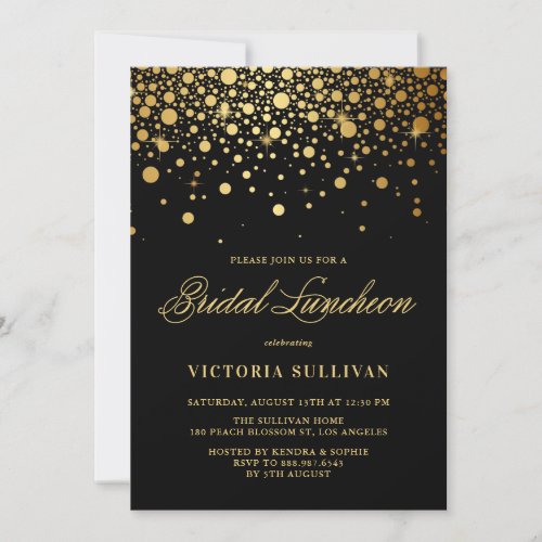 Faux Gold Foil Confetti Black Bridal Luncheon Invitation
